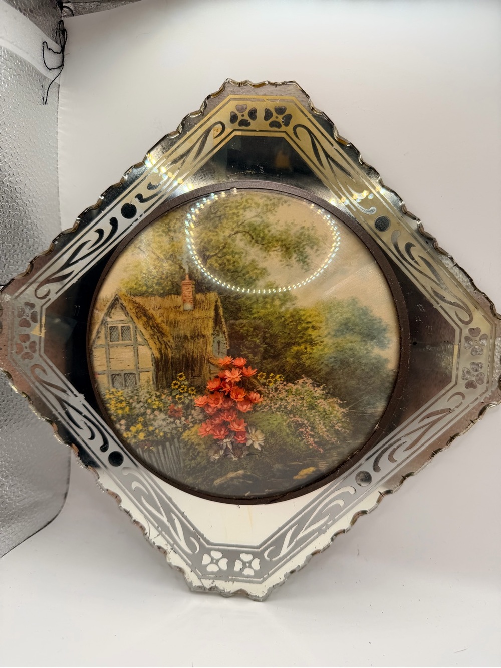 Framed Cottage Landscape Wall Art in Gold and Brown